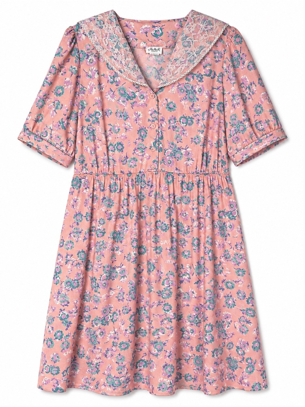 Vintage Pink Floral Lace Sailor Collar Prairie Dress Plus 1X 2X USA